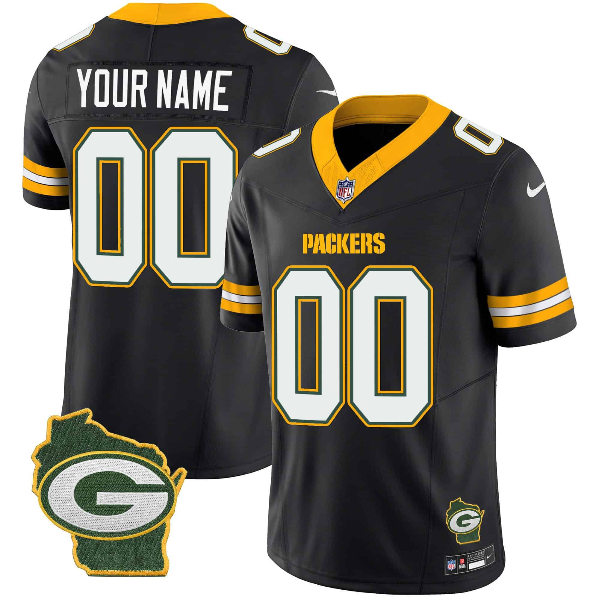 Men Green Bay Packers Black 2024 Nike Home Patch Vapor Custom NFL Jersey style 1